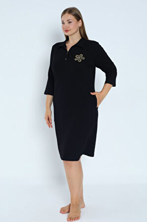 Kadın Siyah Cepli Düğmeli Taş Detaylı Pamuklu Kaşkörse Truvakar Kollu Büyük Beden Likralı Elbise