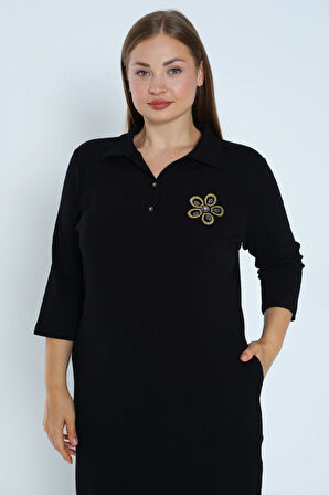 Kadın Siyah Cepli Düğmeli Taş Detaylı Pamuklu Kaşkörse Truvakar Kollu Büyük Beden Likralı Elbise