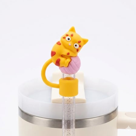 Sevimli Kedi Figürlü Silikon Pipet Kapağı, Kawaii Stil, Stanley ile Uyumlu Pipet Tıpası Koruyucu