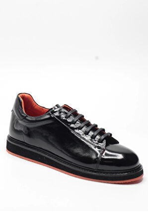 Siyah Rugan Hakiki Deri Turuncu Renkli Hafif Tabanlı Premium Erkek Sneaker Ayakkabı