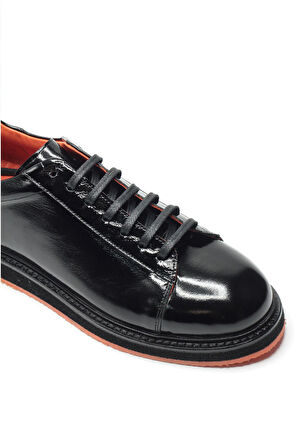 Siyah Rugan Hakiki Deri Turuncu Renkli Hafif Tabanlı Premium Erkek Sneaker Ayakkabı