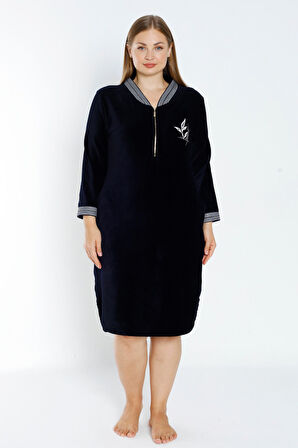 Büyük Beden Lacivert Fermuarlı Taş Detaylı Pamuklu Kadife Truvakar Kollu Cepli Elbise