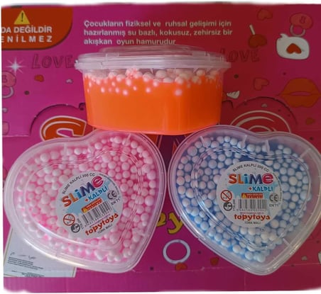 Özel Kalpli Kutu 3x200 Gr Slime Ele Yapışmayan Köpüklü Slaym Seti Sertifikalı, Çok Renkli