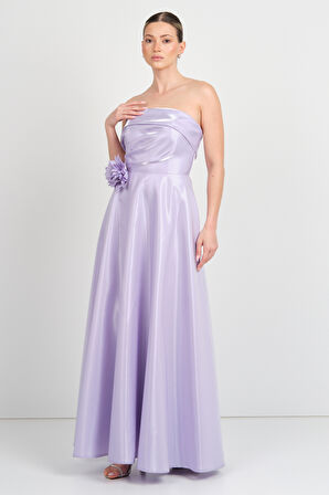 Renk Kadın Straplez Çiçek Detaylı Maxi Abiye Elbise 5270 Lila