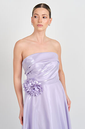 Renk Kadın Straplez Çiçek Detaylı Maxi Abiye Elbise 5270 Lila