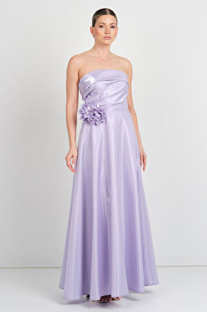 Renk Kadın Straplez Çiçek Detaylı Maxi Abiye Elbise 5270 Lila