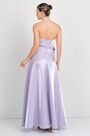 Renk Kadın Straplez Çiçek Detaylı Maxi Abiye Elbise 5270 Lila