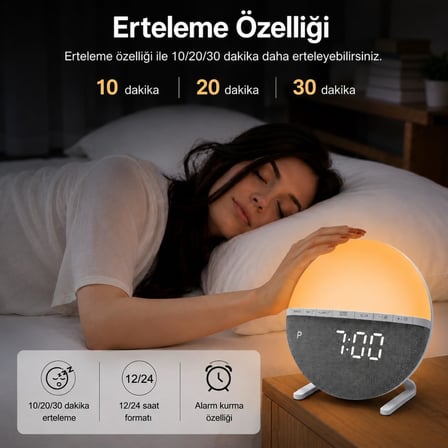 Adornist Gün Doğumu Simülasyonlu Alarmlı Saat – Uyandırma Lambası ve Gece Lambası, 10 Işık Seviyesi, Tek Sesli Alarm, Tek Tuşla Erteleme, 12/24 Saat, Kablolu, Yatak ve Çocuk Odası