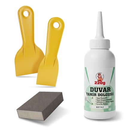 (4'LÜ) Duvar Tamir Seti (1 ADET) Beyaz 220 Gr Dolgu Macunu 2 Adet Spatula + Kübik Zımpara