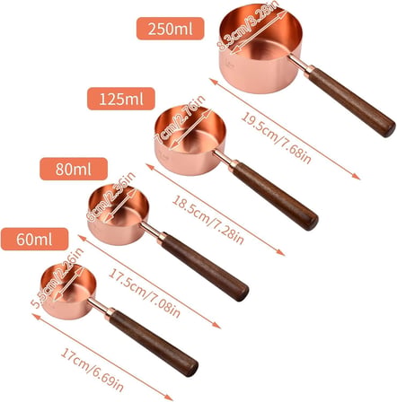 4’lü Ahşap Saplı Ölçü Kaşığı Seti – 250/125/80/60 ml Paslanmaz Metal