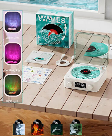 Waves Nostalji Plak Görünümlü Bluetooth Hoparlör 3D Ses Dalgası Retro Müzik Plak Gece Lambası