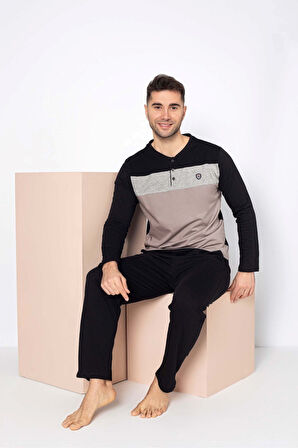 Guava Erkek 3 Düğmeli %100 Pamuk Mevsimlik Uzun Kol Cepli Pijama Takımı