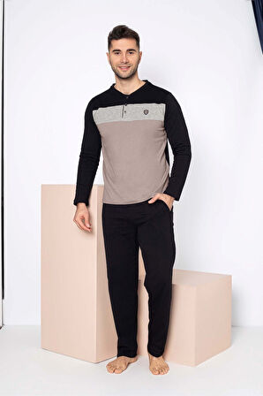 Guava Erkek 3 Düğmeli %100 Pamuk Mevsimlik Uzun Kol Cepli Pijama Takımı
