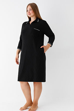 Siyah Truvakar Kollu Desenli Polo Yaka Biye Detaylı Kadın Jakarlı Büyük Beden Elbise