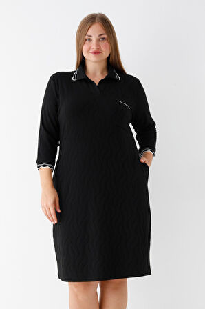 Siyah Truvakar Kollu Desenli Polo Yaka Biye Detaylı Kadın Jakarlı Büyük Beden Elbise