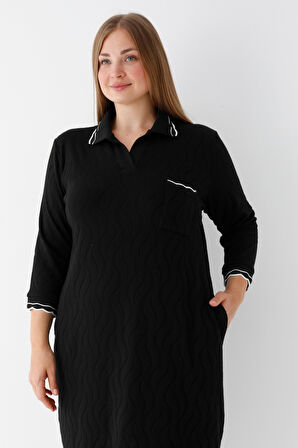 Siyah Truvakar Kollu Desenli Polo Yaka Biye Detaylı Kadın Jakarlı Büyük Beden Elbise