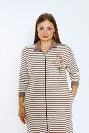 Kadın Çizgi Desenli Truvakar Kollu Taş Detaylı Cepli Polo Yaka Büyük Beden Pamuklu Elbise