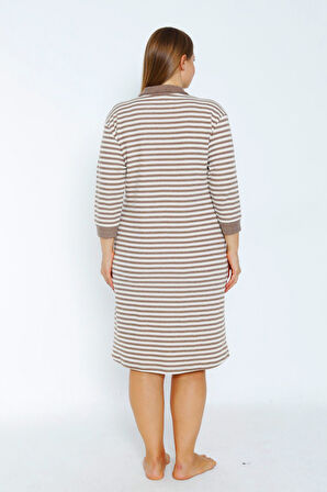 Kadın Çizgi Desenli Truvakar Kollu Taş Detaylı Cepli Polo Yaka Büyük Beden Pamuklu Elbise