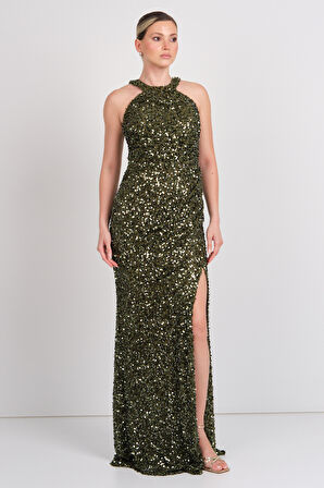 Renk Kadın Halter Yaka Full Payetli Maxi Abiye Elbise 5284 Haki