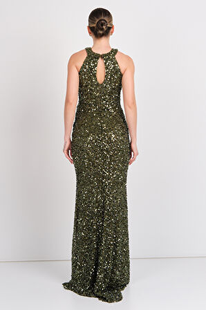 Renk Kadın Halter Yaka Full Payetli Maxi Abiye Elbise 5284 Haki