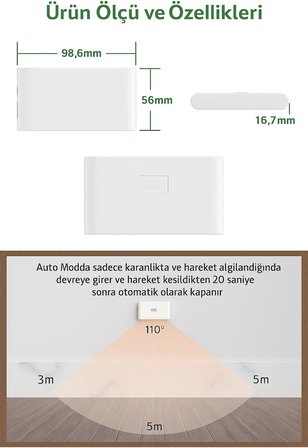 2 Adet Beril İki Yönlü Sensörlü Şarjlı LED Aplik, 5W 2700K Sıcak Işık, DC 5V, 110° Hareket Algılama, 3-5m Sensör Mesafesi, 20 Saat Sabit Işık Süresi, Otomatik/Manuel Modlu – ABS Gövde