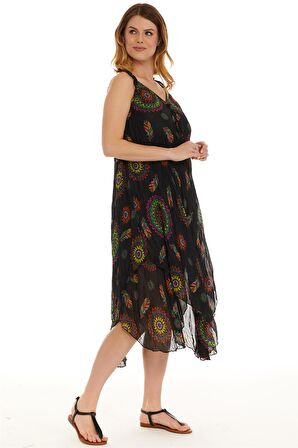 Askılı Vual Siyah Kısa Elbise 6198