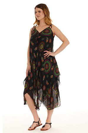 Askılı Vual Siyah Kısa Elbise 6198