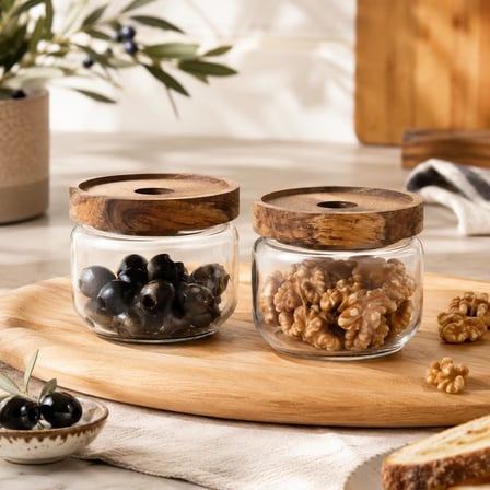300 ml Cam Kahvaltılık 2’li Set, Akasya Kapaklı Şeffaf Cam Saklama Kavanozu, Kahvaltı Sunum Kabı, Zeytin Reçel Bal Kuruyemiş Sos Atıştırmalık Kavanozu
