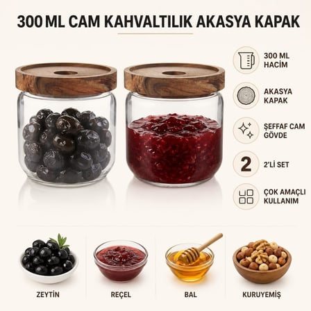300 ml Cam Kahvaltılık 2’li Set, Akasya Kapaklı Şeffaf Cam Saklama Kavanozu, Kahvaltı Sunum Kabı, Zeytin Reçel Bal Kuruyemiş Sos Atıştırmalık Kavanozu