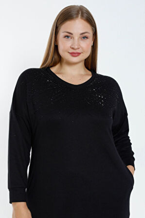 Siyah Uzun Kollu Taş Detaylı Pamuklu Büyük Beden Elbise