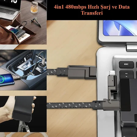 4in1 Güçlü ve Sağlam Data ve Şarj Kablosu - İos Type-C USB