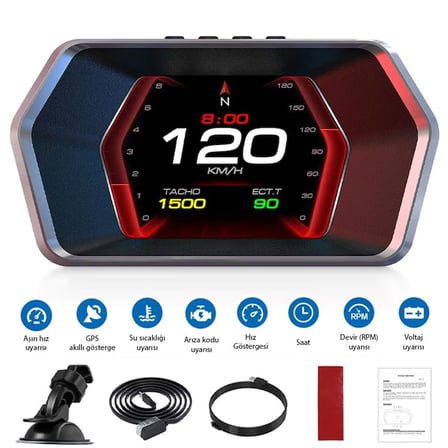 P17 HUD OBD2 &amp; GPS Çift Sistemli Araç Bilgisayarı | Dijital Kilometre, Su ve Yağ Sıcaklığı Ölçer, Hız &amp; Alarm Göstergeli Oto Elektroniği, SIYAH