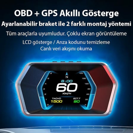 P17 HUD OBD2 &amp; GPS Çift Sistemli Araç Bilgisayarı | Dijital Kilometre, Su ve Yağ Sıcaklığı Ölçer, Hız &amp; Alarm Göstergeli Oto Elektroniği, SIYAH