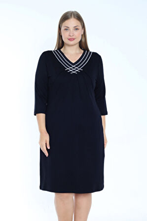 Siyah Şerit Detaylı Cepli Truvakar Kollu Pamuklu İnterlok V Yaka Kadın Büyük Beden Elbise