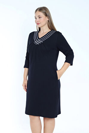 Siyah Şerit Detaylı Cepli Truvakar Kollu Pamuklu İnterlok V Yaka Kadın Büyük Beden Elbise