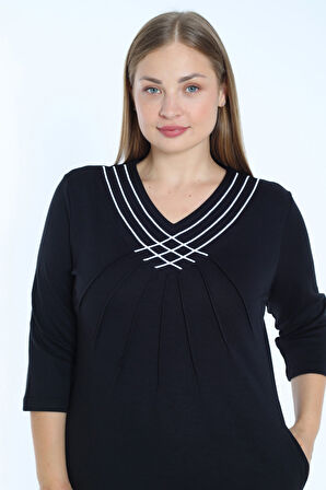 Siyah Şerit Detaylı Cepli Truvakar Kollu Pamuklu İnterlok V Yaka Kadın Büyük Beden Elbise