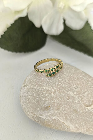 Yeşil Taşlı Altın Yılan Yüzük