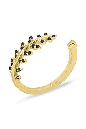 Siyah Taşlı Altın Yaprak Yüzük