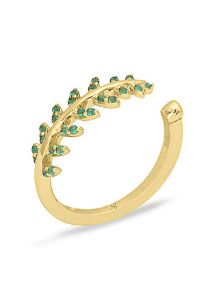 Yeşil Taşlı Altın Yaprak Yüzük