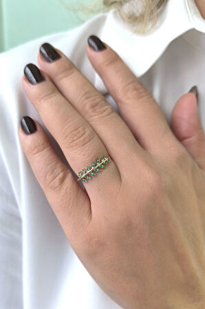 Yeşil Taşlı Altın Yaprak Yüzük