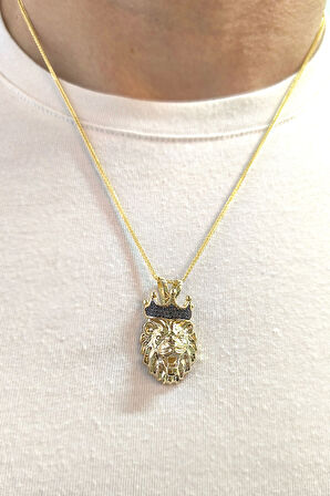 3.5 Cm Siyah Taşlı Erkek Aslan Altın Kolye