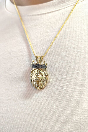 3.5 Cm Siyah Taşlı Erkek Aslan Altın Kolye