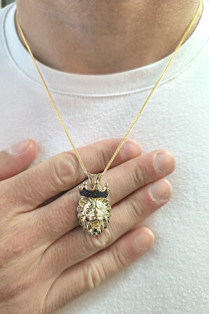 3.5 Cm Siyah Taşlı Erkek Aslan Altın Kolye