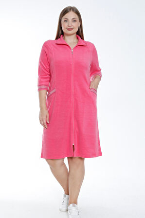 Kadın Turkuaz Truvakar Kollu Taş Detaylı Cepli Pamuklu Havlu Büyük Beden Elbise