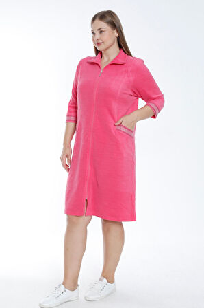 Kadın Turkuaz Truvakar Kollu Taş Detaylı Cepli Pamuklu Havlu Büyük Beden Elbise