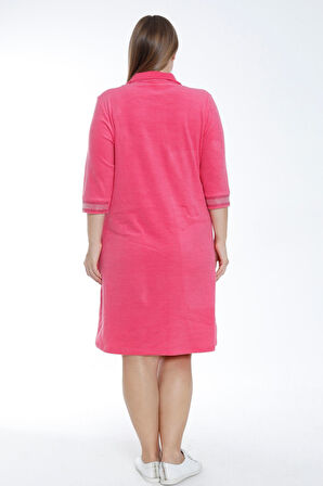 Kadın Turkuaz Truvakar Kollu Taş Detaylı Cepli Pamuklu Havlu Büyük Beden Elbise