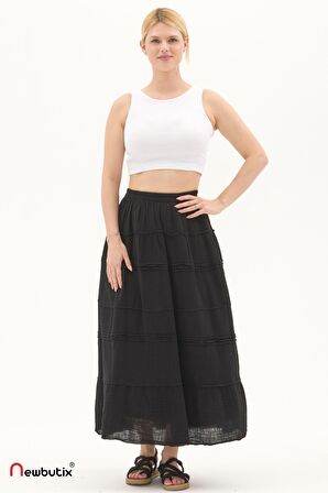 Siyah Müslin Uzun Yazlık Etek