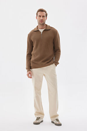 Yarım Fermuarlı Selanik Örgü Regular Fit Pamuklu Erkek Kahverengi Triko Kazak 