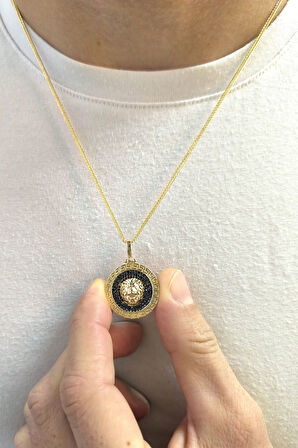 Siyah Taşlı Altın Aslan Başı Kolye