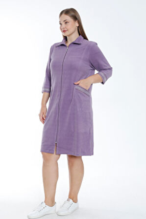 Kadın Turkuaz Truvakar Kollu Taş Detaylı Cepli Pamuklu Havlu Büyük Beden Elbise